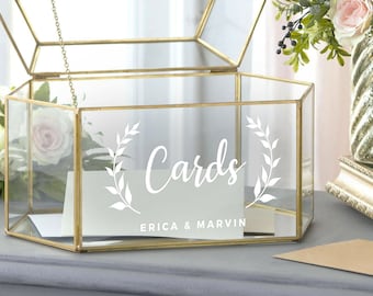 Cards with Wreath Leaves & Couples Names Decal - Wedding Card Box Decal - DECAL ONLY - Vinyl Decal For Card Box - Wedding Cards Sticker