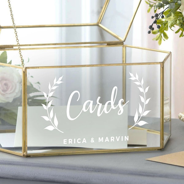 Cards with Wreath Leaves & Couples Names Decal - Wedding Card Box Decal - DECAL ONLY - Vinyl Decal For Card Box - Wedding Cards Sticker