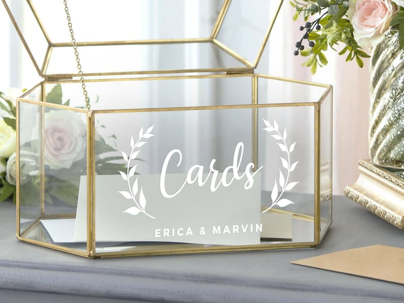 Cards with Wreath Leaves & Couples Names Decal - Wedding Card Box Decal - DECAL ONLY - Vinyl Decal For Card Box - Wedding Cards Sticker 