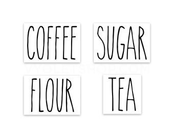 Coffee Sugar Flour Tea Kitchen Label Decals - Glassware Labels/ Ceramic Canister - Farmhouse Kitchen Decor Vinyl Decal Stickers - Pack of 4