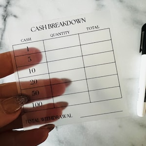 Plastic reusable Teller Slip | Cash Withdrawal | Cash Breakdown | Budget System