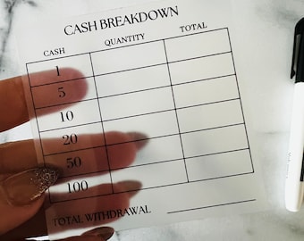 May include: A clear plastic sheet with a cash breakdown chart. The chart has columns for cash denominations, quantity, and total. The denominations are 1, 5, 10, 20, 50, and 100. The chart also has a row for total withdrawal.