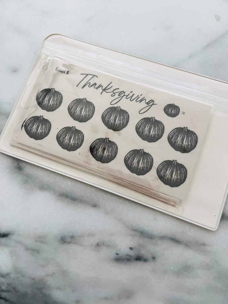 May include: A set of 10 printable Thanksgiving stickers featuring black and white illustrations of pumpkins. The stickers are packaged in a clear plastic bag and include the text "Thanksgiving" and "Goal $".