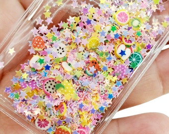 RAINBOW STARS with FRUITS Filled Shakers Sleeve Rectangle, Transparent Sequins, Hairbow, Stars