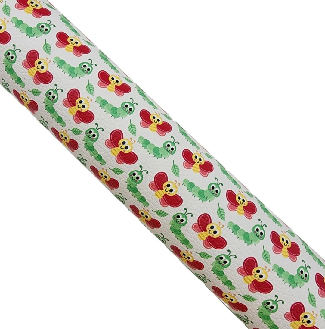 BUTTERFLIES and CATERPILLARS Faux Leather Fabric Sheet, Animals Synthetic Fabric Sheet, Hair