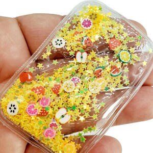 YELLOW STARS with FRUITS Filled Shakers Sleeve Rectangle, Transparent Sequins, Hairbow, Stars