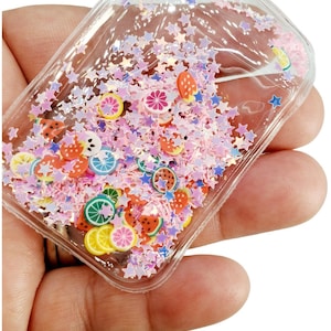 PINK STARS with FRUITS Filled Shakers Sleeve Rectangle, Transparent Sequins, Hairbow, Stars
