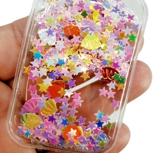 RAINBOW STARS and SEASHELLS Filled Shakers Sleeve Rectangle, Transparent Sequins, Hairbow, Stars and Seashells