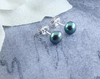 Freshwater Green 6mm Button Pearl Stud Earrings in Sterling Silver