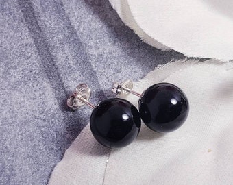 Black Onyx 10mm Ball Stud Earrings in Sterling Silver