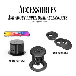 May include: Image showing a selection of accessories: power stations with sockets and USB ports, wire grommets, and a smartphone. Text includes "ACCESSORIES" and "Ask about additional accessories".