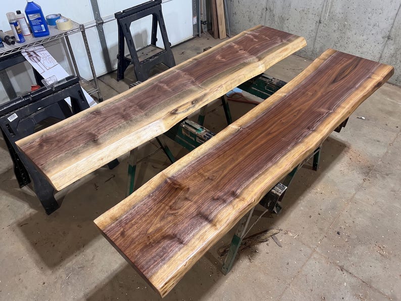Premium live edge black walnut table tops in Ozarks Woodland shop.  These will be used for console sofa tables for behind the couch or in a hallway.