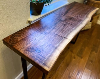 Handmade Black Walnut Live Edge Console Table Straight Back: Rustic Farmhouse Design U-Shape Metal Legs Custom Entryway and Sofa Table