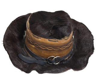 Brązowy kowbojski kapelusz VTG ze skóry z włosiem na skórze w stylu rodeo w stylu western, rozmiar 7,5 PRZECZYTAJ
