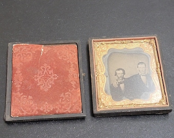 1800s Tintype 2 Distinguished Gentlemen Friends Photo in Union Leather Case READ