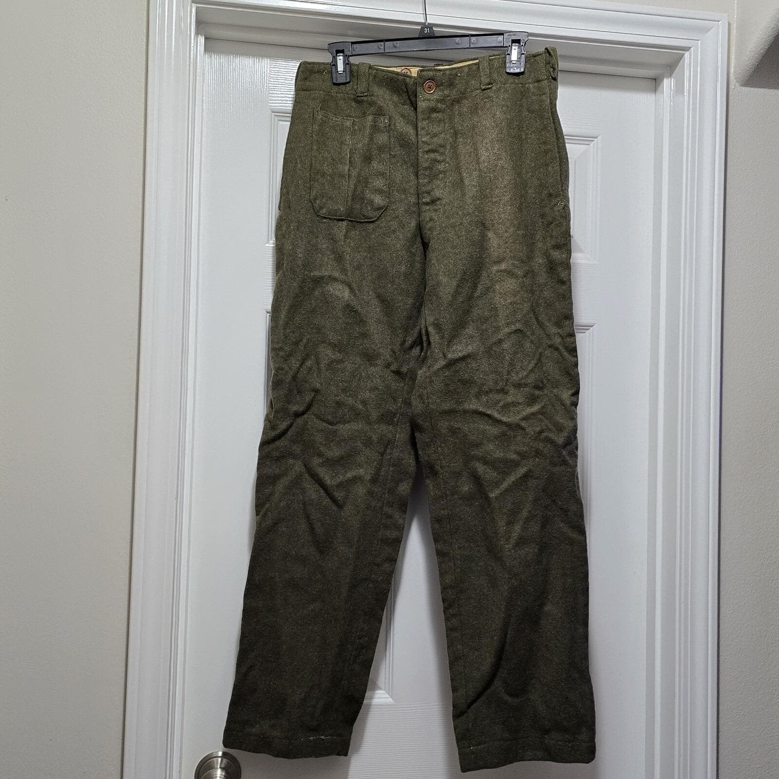 Vintage Military Green Wool Pants Single Front Pocket 60s Men's 31x31