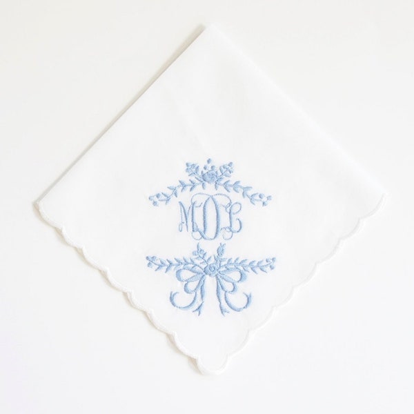 SOMETHING BLUE FRAME with Scroll I font,  Embroidered Monogrammed Handkerchief, Personalized Custom Handkerchief, Wedding Hanky