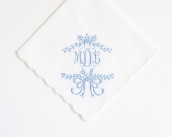 SOMETHING BLUE Frame with Scroll II font,  Embroidered Monogrammed Handkerchief, Personalized Custom Handkerchief, Wedding Hanky