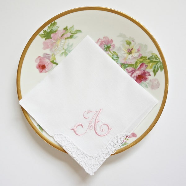 FRENCH SCRIPT FONT Embroidered Monogrammed Handkerchief, Personalized Custom Handkerchief, Single letter monogram