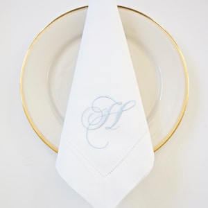 GARDENIA SCRIPT Monogram Logo Embroidered Cloth Dinner Napkins and Guest Hand Towels, Custom Wedding Monogrammed Embroidered Linen Napkins