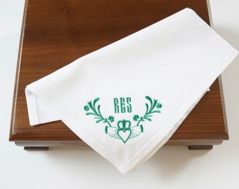 CLADDAGH DESIGN and MONOGRAM Mens Embroidered Monogrammed Handkerchief, Wedding Handkerchief, Personalized Pocket Square, Groom Hankie