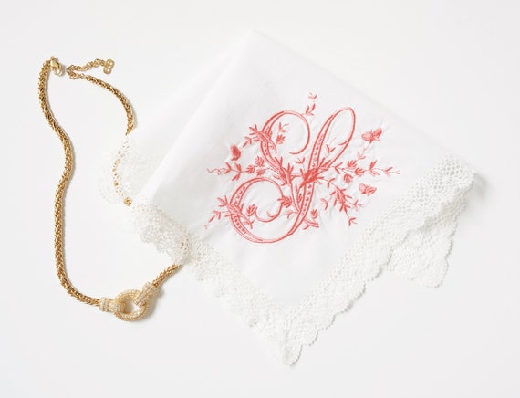 VINTAGE FONT with BUTTERFLIES, Single Initial Embroidered Monogrammed Handkerchief, Personalized Custom Handkerchief, Single letter monogram