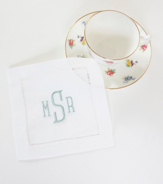 MONOGRAMMED COCKTAIL NAPKINS, Metro Font Style, 6 X 6 inch, Hostess Gift, Wedding Reception, Personalized Embroidered Linen Hemstitched
