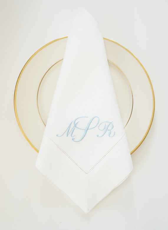 SCRIPT FONT COLLECTION of Monogram Fonts on Embroidered Cloth Dinner Napkins, Towels, Special Occasions, Camellia font featured