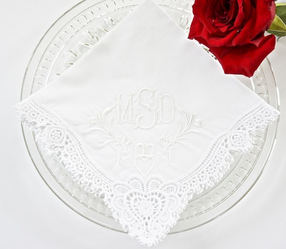 CLADDAGH DESIGN and MONOGRAM Embroidered Handkerchief, Custom Wedding Hankie, Bride handkerchief