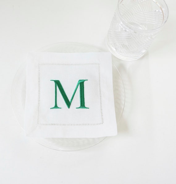 MONOGRAMMED COCKTAIL NAPKINS, 6 inch, Embroidered, Block Letter Fonts for Weddings, Housewarming Gifts, Receptions, Holidays