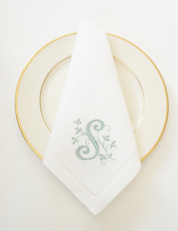 JARDIN FONT Monogram Embroidered Cloth Dinner Napkins, Cranberry thread color featured, Guest Towels, Wedding Keepsake, Home Furnishings