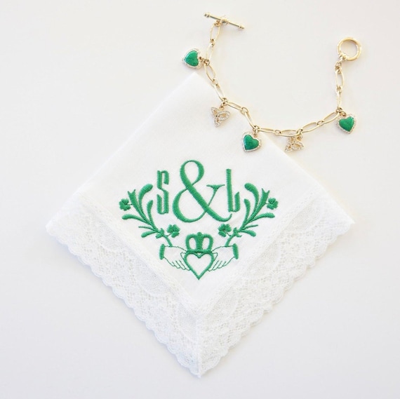 CLADDAGH DESIGN and MONOGRAM Embroidered Handkerchief, Custom Wedding Hankie, Bride handkerchief, Groom pocket square