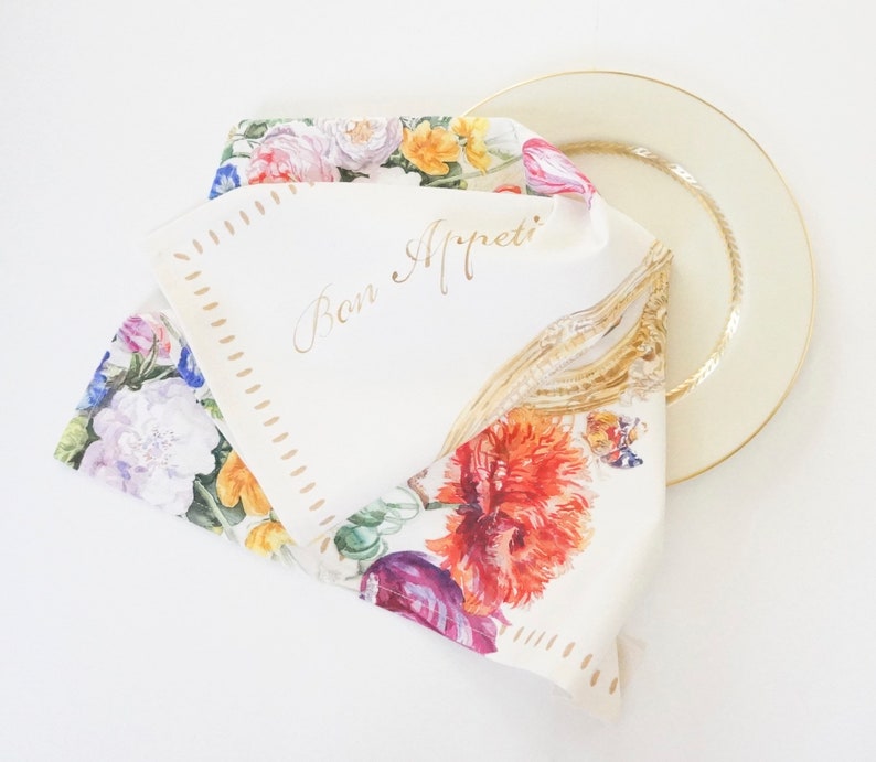 FRENCH DESIGNED BOTANICAL Monogrammed Embroidered Napkins