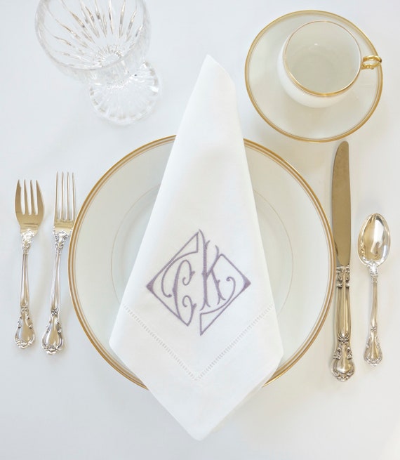 PARISIAN FONT Monogram Embroidered on Dinner Napkins, Cocktail Napkins & Hand Towels, Home Furnishings