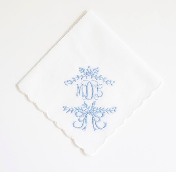 SOMETHING BLUE Frame with Scroll II font,  Embroidered Monogrammed Handkerchief, Personalized Custom Handkerchief, Wedding Hanky