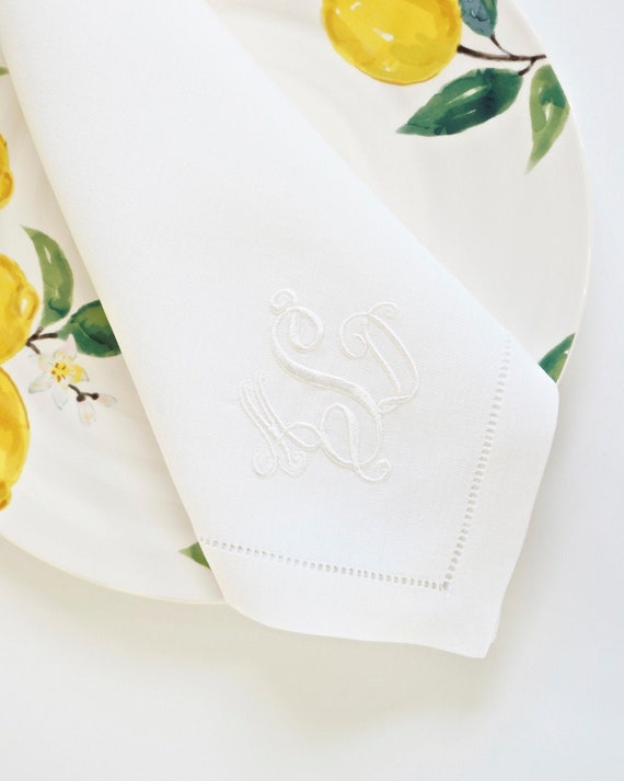 RIBBON FONT Monogram Embroidered on Napkins and Linens, cocktail napkins, cloth napkins, wedding napkins