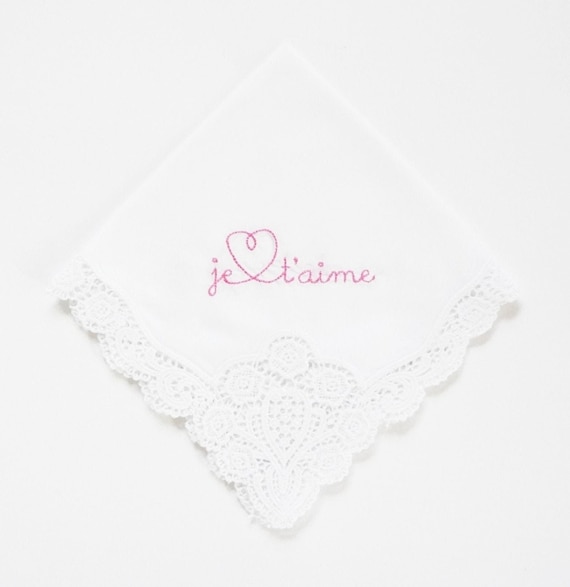 LADIES JE T'AIME Design Embroidered Monogrammed Handkerchief, Personalized Custom Handkerchief