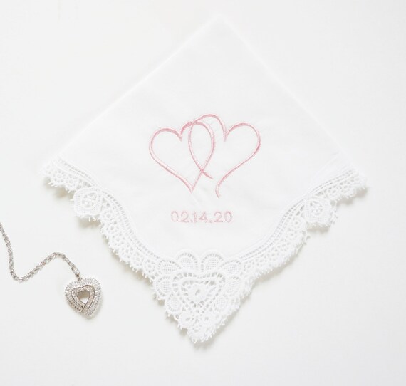 Two Hearts One Love, Two Hearts Together, Ladies Embroidered Monogrammed Handkerchief, Wedding Handkerchief, Personalized
