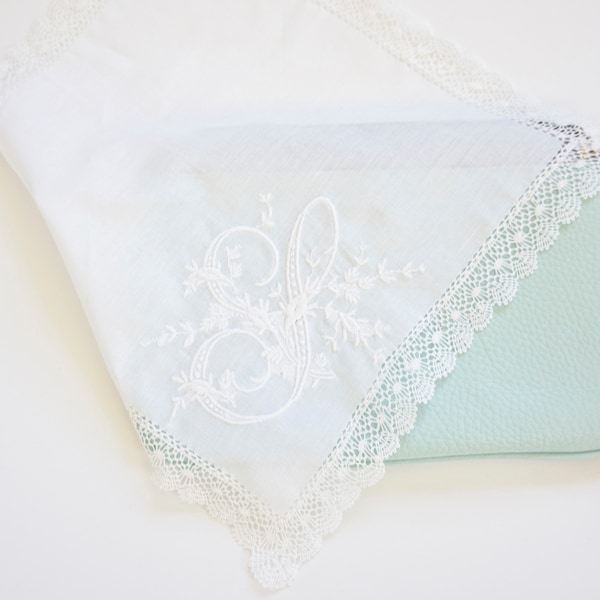 VINTAGE FONT, Single Initial Embroidered Monogrammed Handkerchief, Personalized Custom Handkerchief Single Letter Monogram (S in photo)