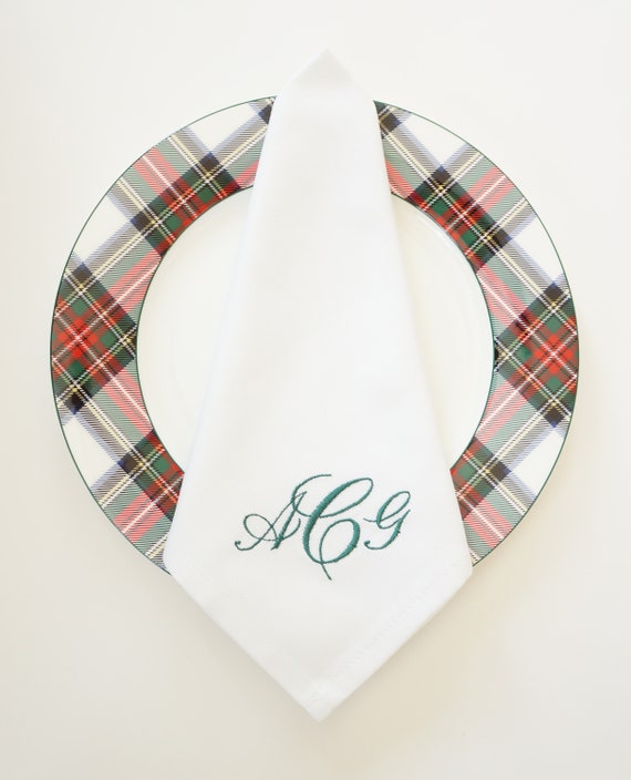 SCRIPT FONT COLLECTION, Camellia font shown with Pine Green thread color, Christmas napkins,  Embroidered Napkins and Guest Towels