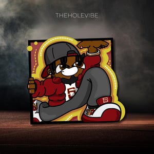 May include: A cartoon sticker featuring a person in a red hoodie, gray pants, and red and white sneakers. The character wears a gray cap and has a beard. The sticker has a yellow border and the text "THEHOLEVIBE" at the top.