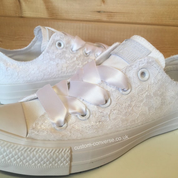 Bridal White Lace Covered Low Top Converse Trainers Beautiful -