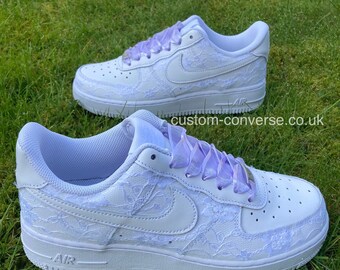 White Lace Covered Nike Air Force 1 Trainers with Organza Ribbon Laces