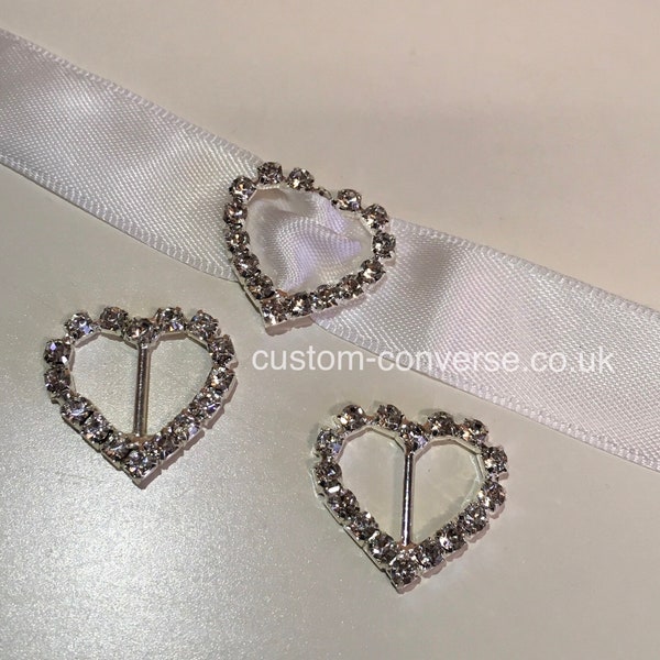 Silver Heart Crystal Shoelace Charm Buckle Sliders (1 pair, 2X Hearts)