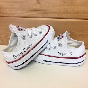 Kids Personalised Hand Painted Trainers, White Low top Baby Gifts, Toddler Birthday Shoes, Gender Name Reveal Sneakers