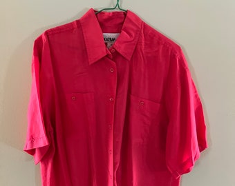 Crimson Red Silk Shirt Button Up Shirt Short Sleeve 1980s Oversized Streetwear Vintage Retro Size Medium - Large Fit