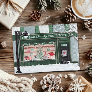 Carte de Noël faite main en papier de lin avec illustration de New York, boutique de Noël