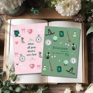 Jeu de cartes de correspondance La sorcière d'Oz Cartes de voeux vierges roses et vertes Wicked | Chapeau de sorcière, potion et éléments magiques | Cadeau parfait pour les amateurs de lecture