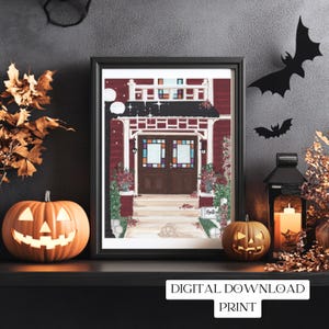 May include: A framed digital print of a house with a red exterior and a brown door. The print is decorated with Halloween-themed elements, including pumpkins, bats, and a lantern. The text "DIGITAL DOWNLOAD PRINT" is at the bottom.