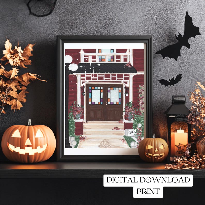 May include: A framed digital print of a house with a red exterior and a brown door. The print is decorated with Halloween-themed elements, including pumpkins, bats, and a lantern. The text "DIGITAL DOWNLOAD PRINT" is at the bottom.